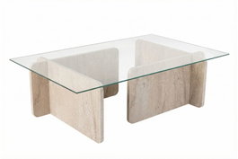 Nordure Mesa de Centro Flavio Mármol Travertino Tapa Cristal Templado Marco Melamina 105x30x65 cm